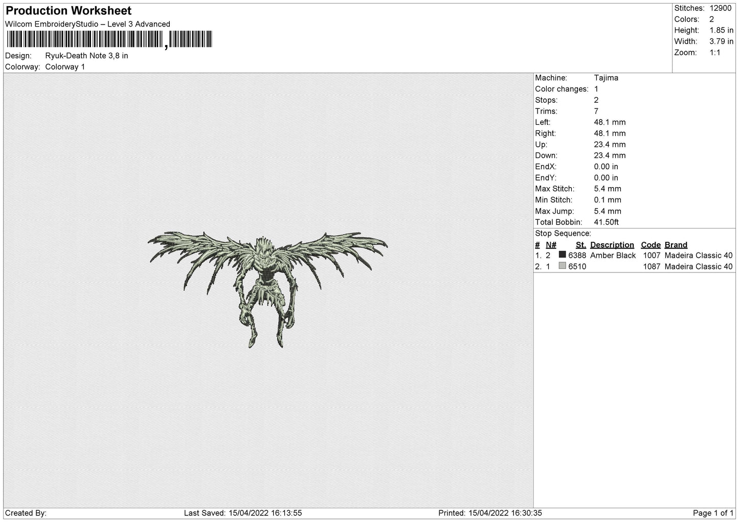 Ryuk Death Note v2 Embroidery File 11 size