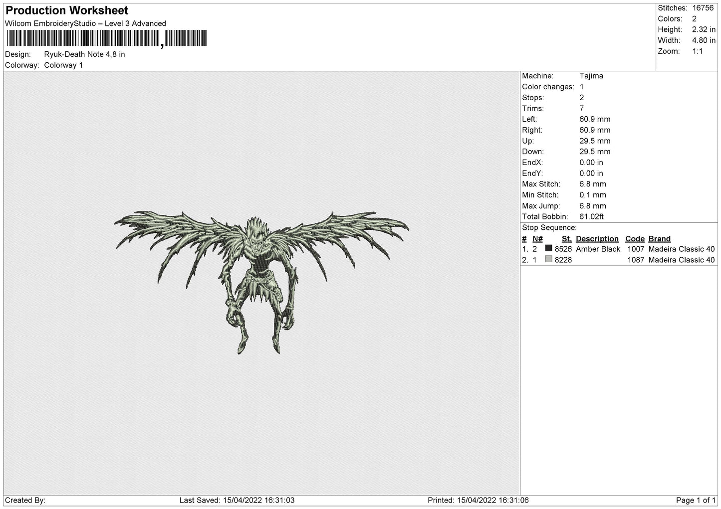 Ryuk Death Note v2 Embroidery File 11 size