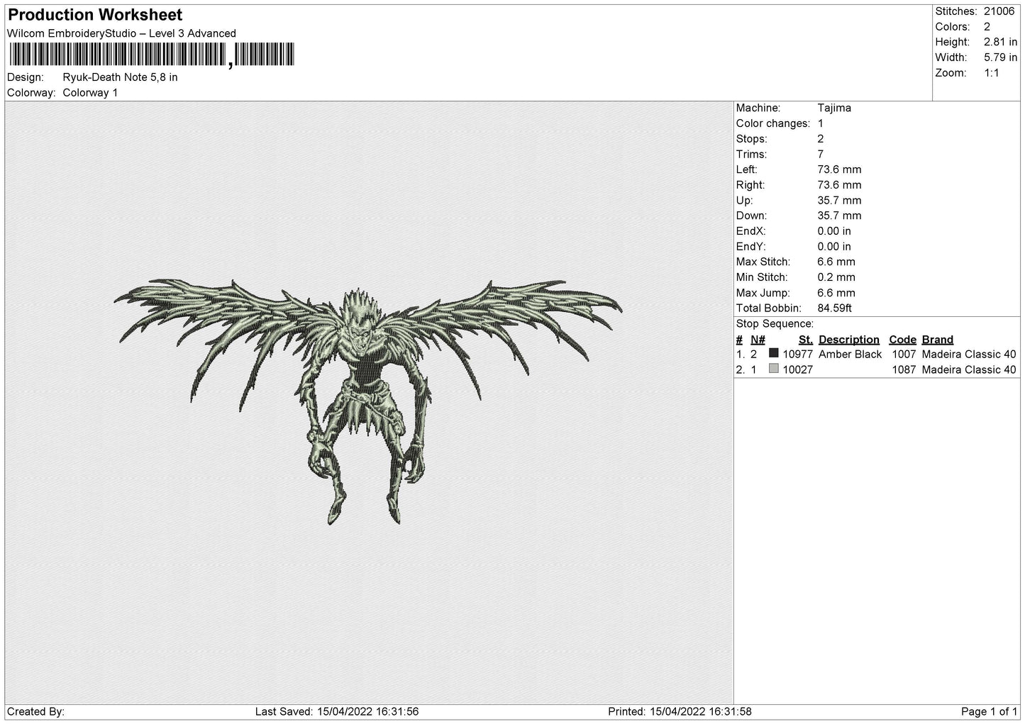 Ryuk Death Note v2 Embroidery File 11 size