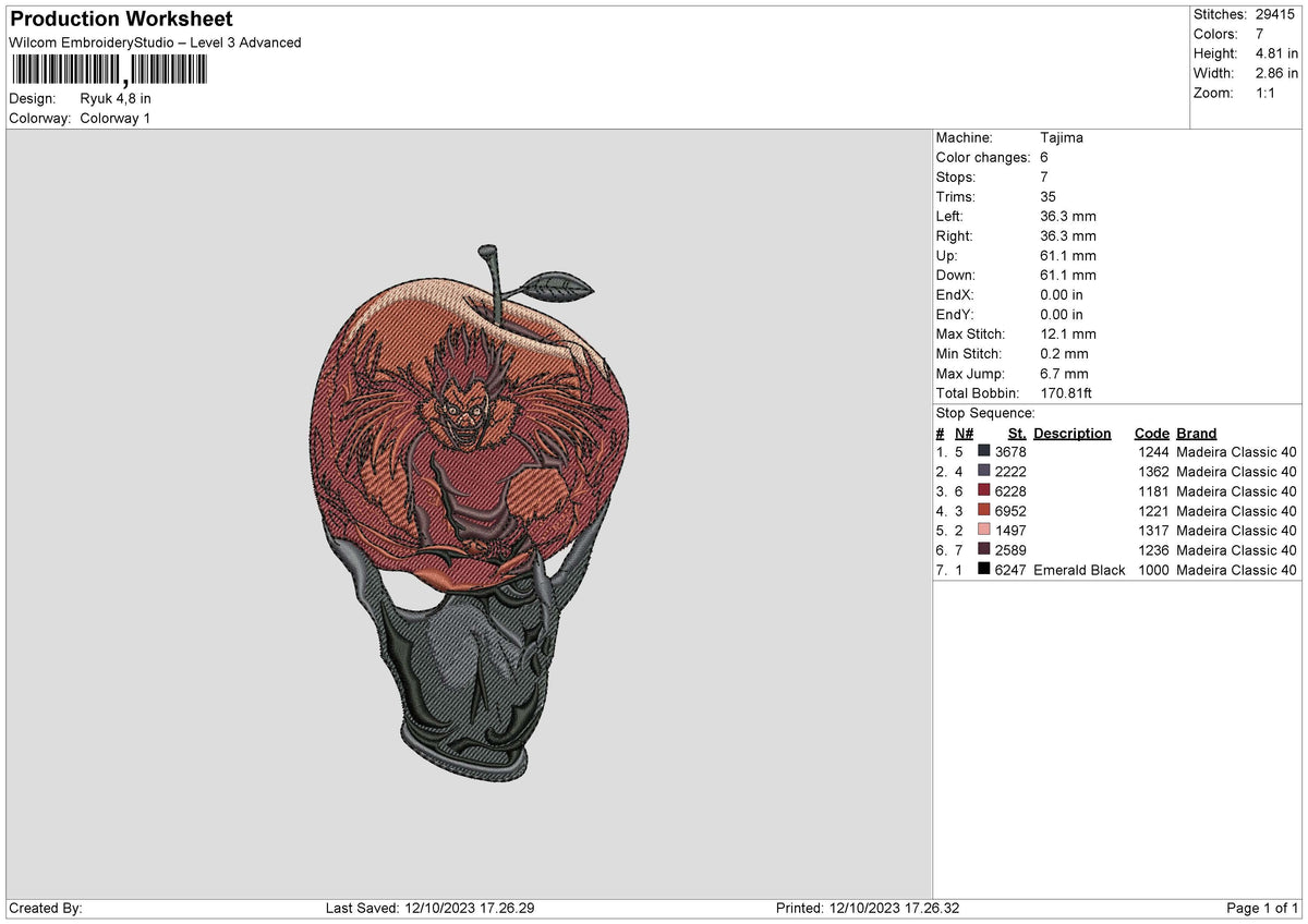 Ryuk Embroidery File 6 sizes