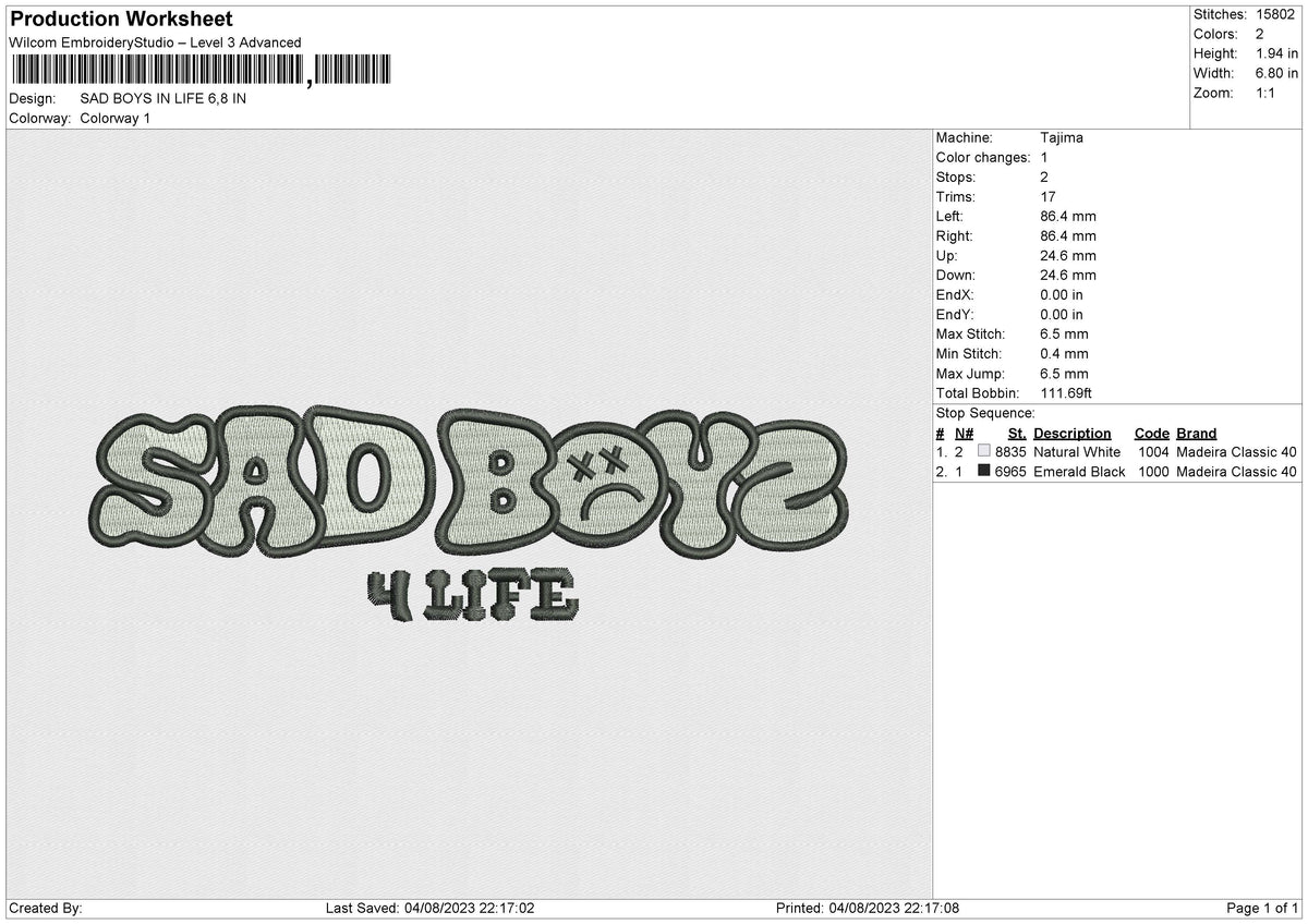 SAD BOYS IN LIFE Embroidery File 6 size