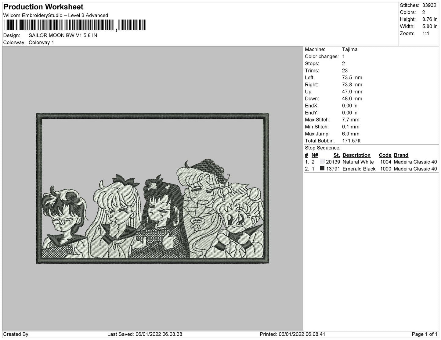 Sailor Moon Bw Embroidery
