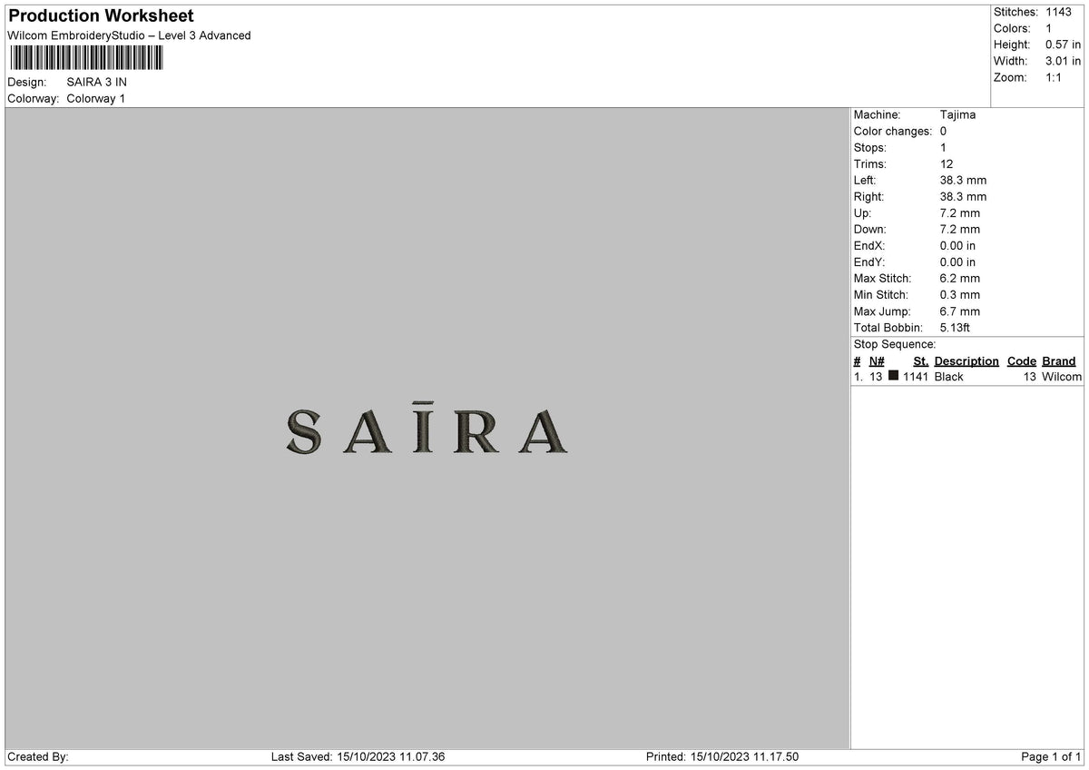 Saira Embroidery File 6 sizes