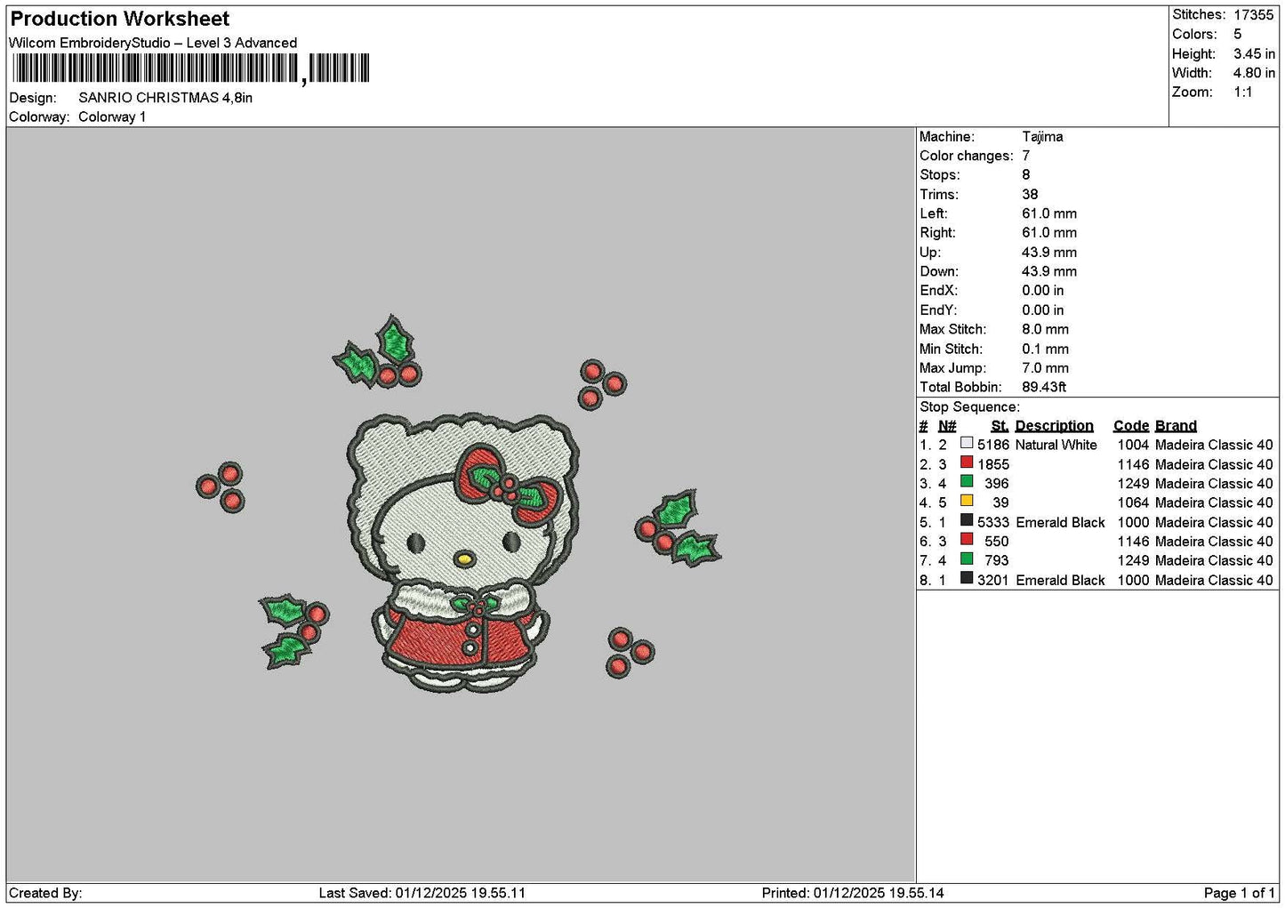 Kitty Xmas 0112 Embroidery File 6 sizes
