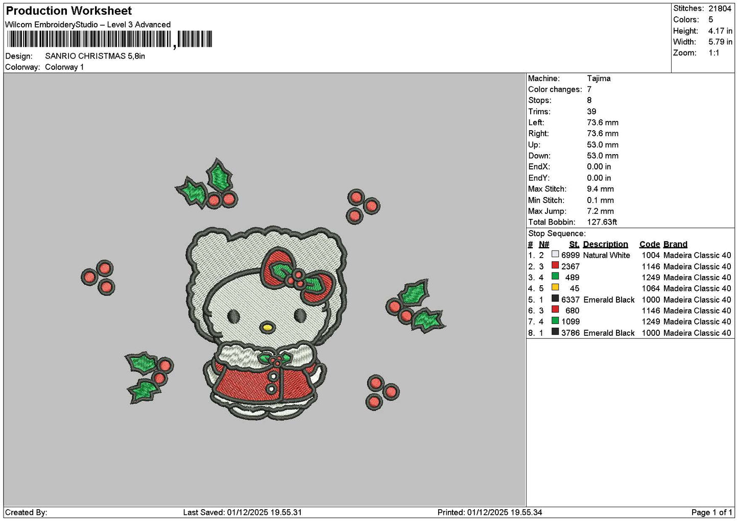 Kitty Xmas 0112 Embroidery File 6 sizes