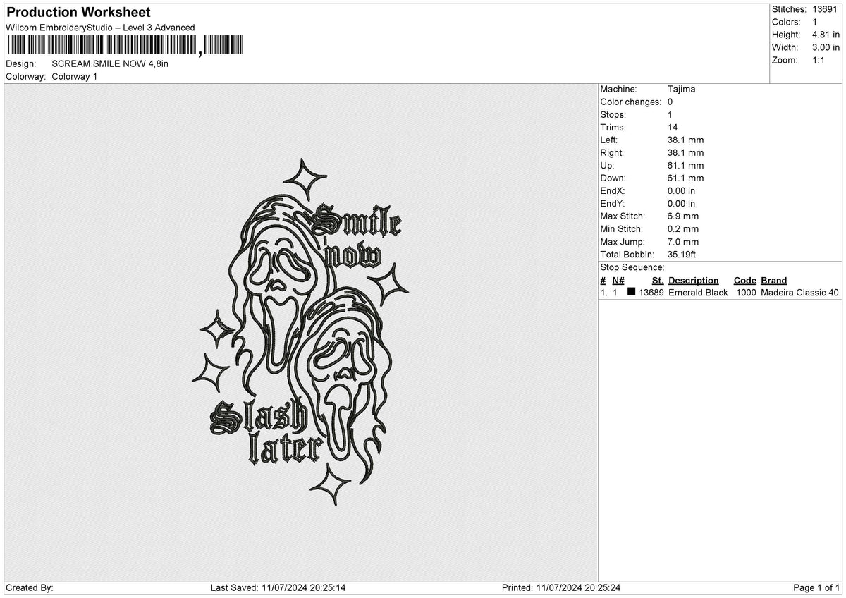 SCREAM SMILE NOW Embroidery File 6 size
