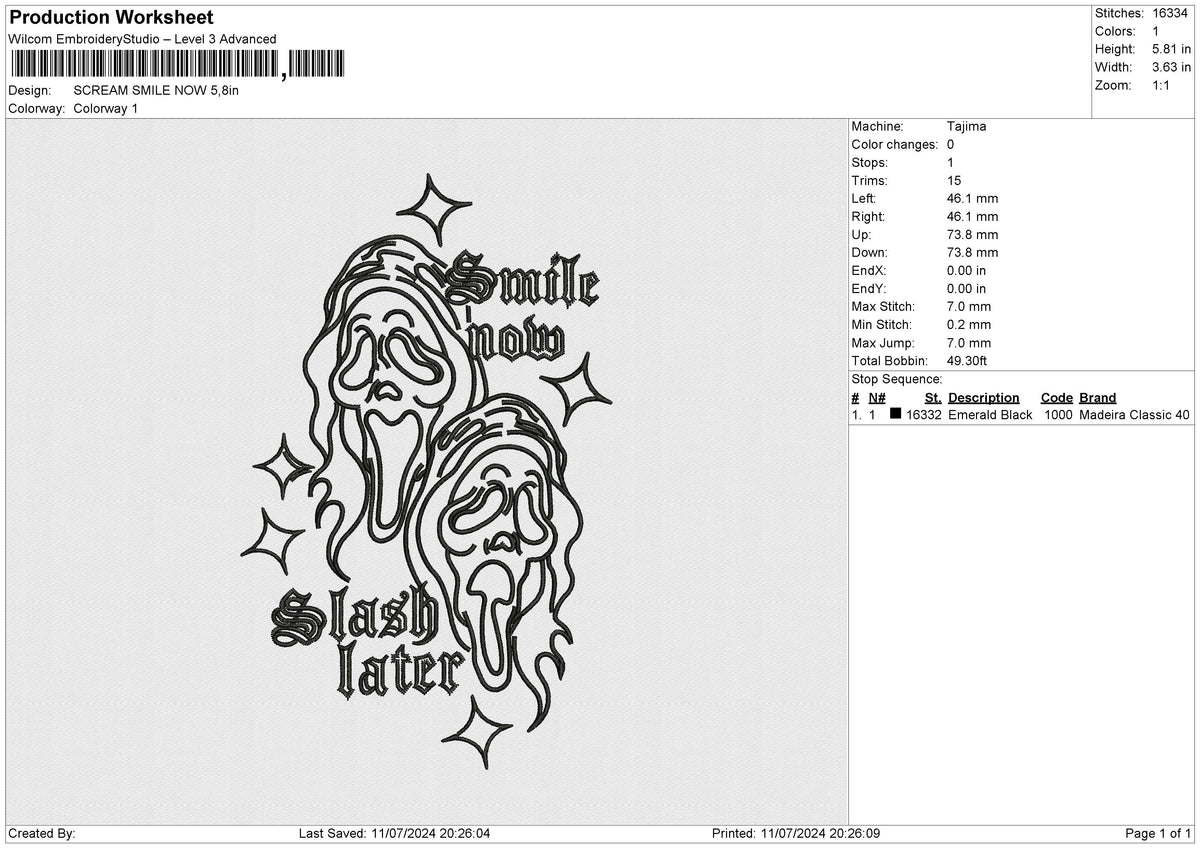 SCREAM SMILE NOW Embroidery File 6 size
