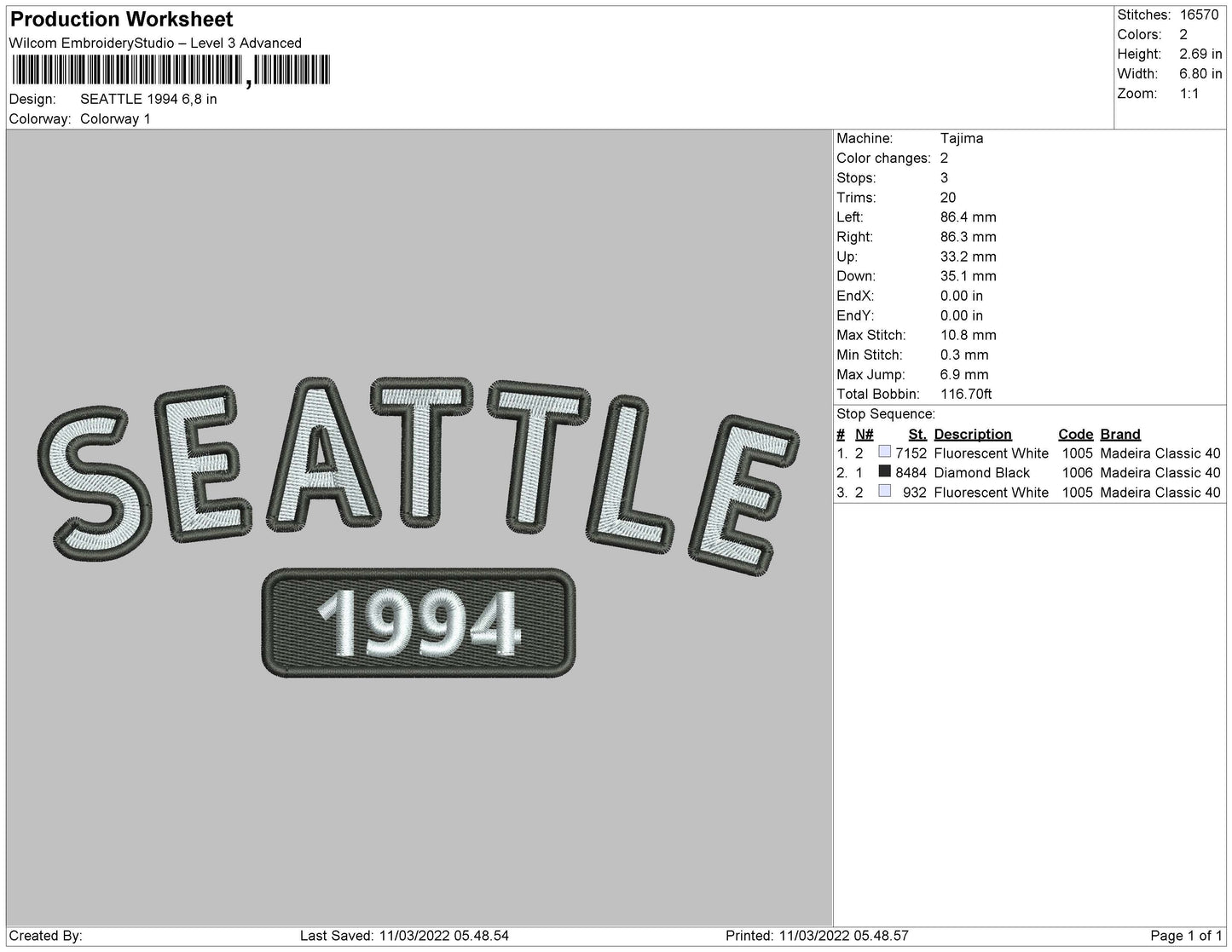 SEATTLE 1994 Embroidery