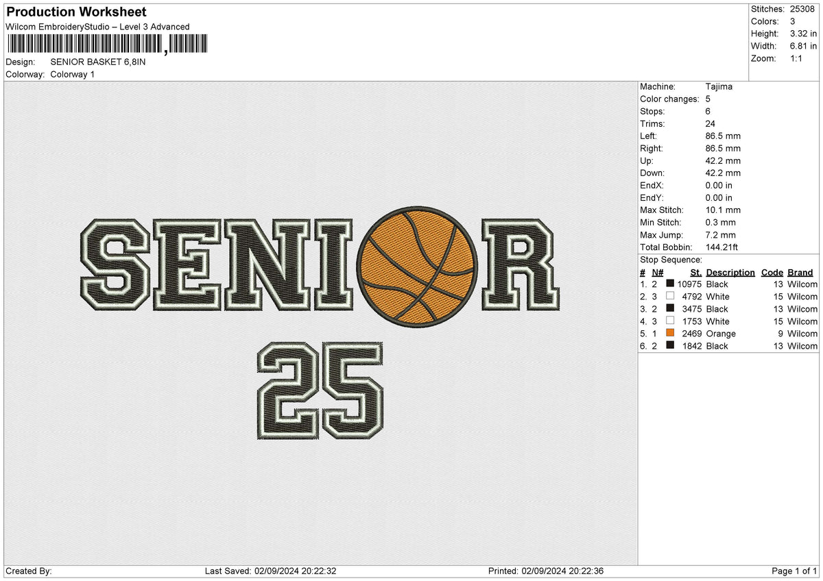 SENIOR BASKET Embroidery File 6 size