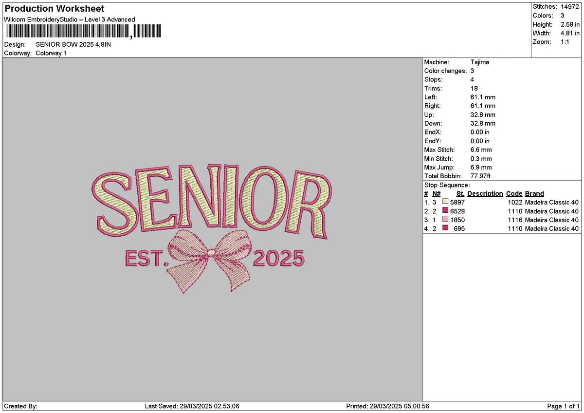 Senior Bow 25 Embroidery File 6 sizes