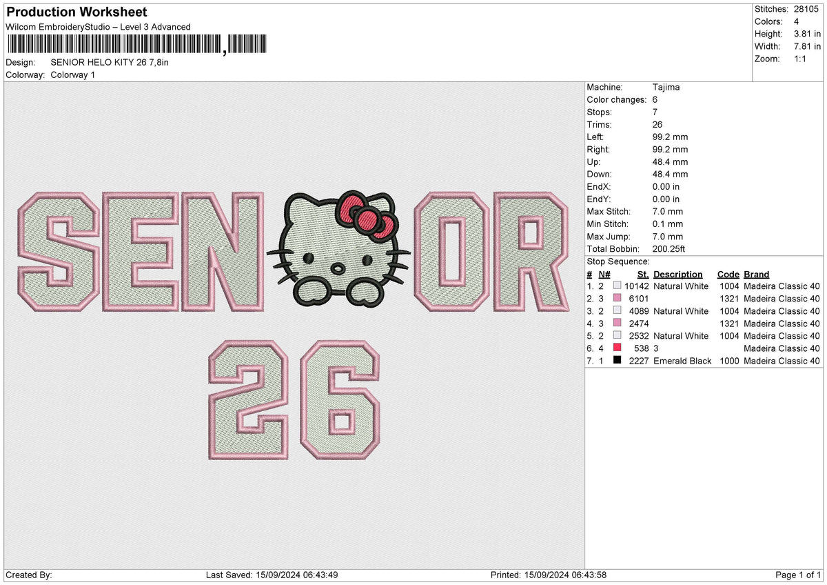 SENIOR HELO KITY 26 Embroidery File 6 size