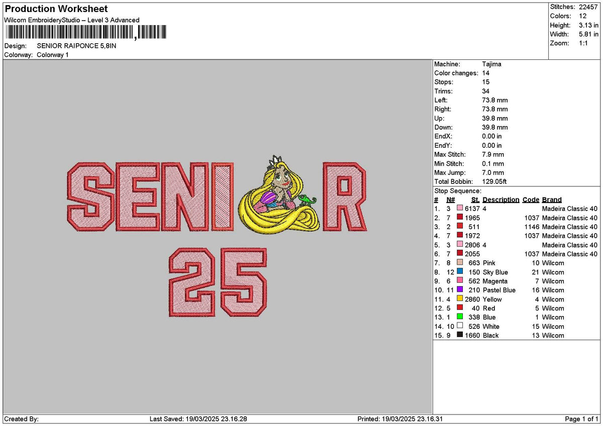 Senior Princess Embroidery File 6 sizes