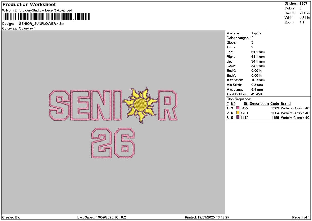 Senior Sun Embroidery File 6 sizes