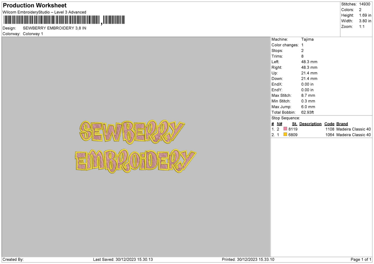 Sewberry Text Embroidery File 6 sizes