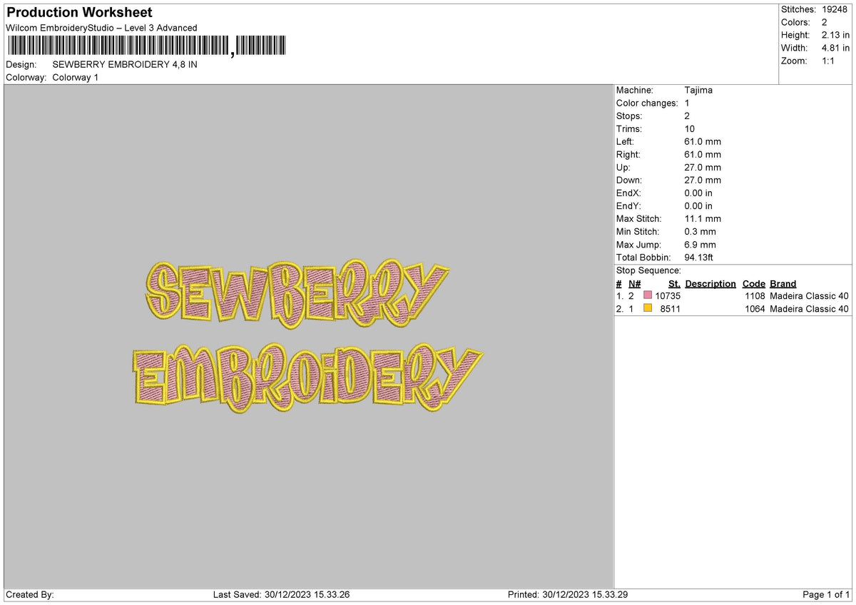 Sewberry Text Embroidery File 6 sizes