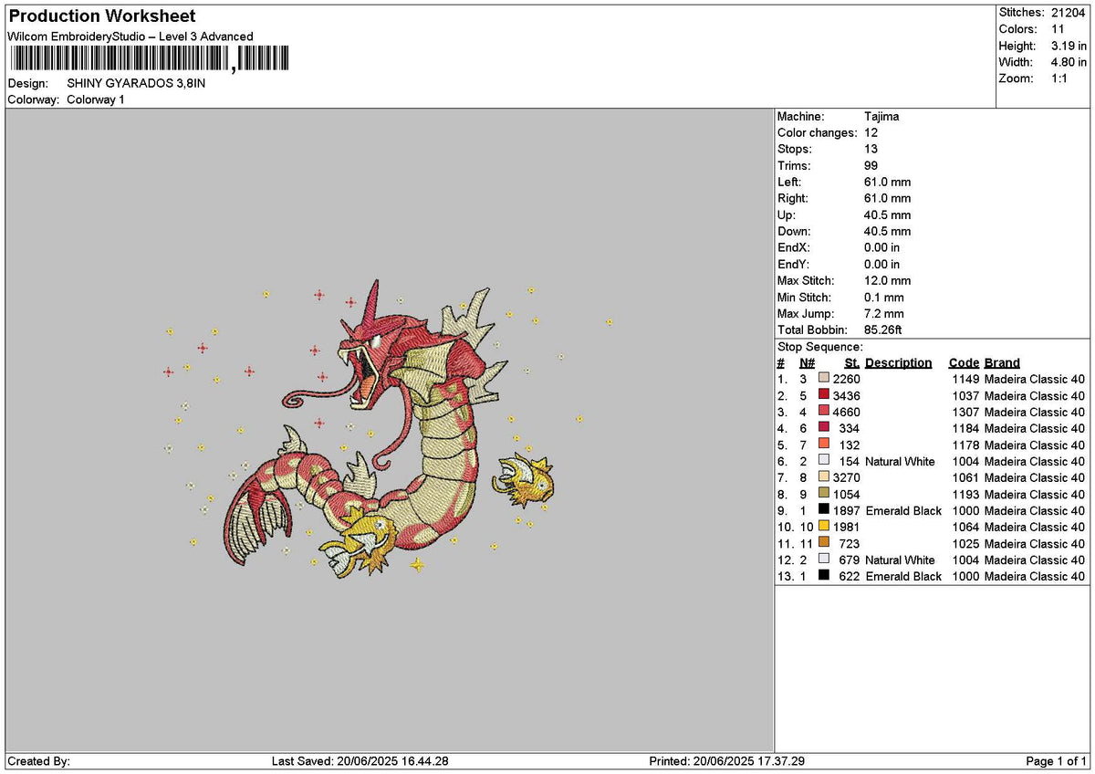 Gyarados v002 Embroidery File 6 sizes