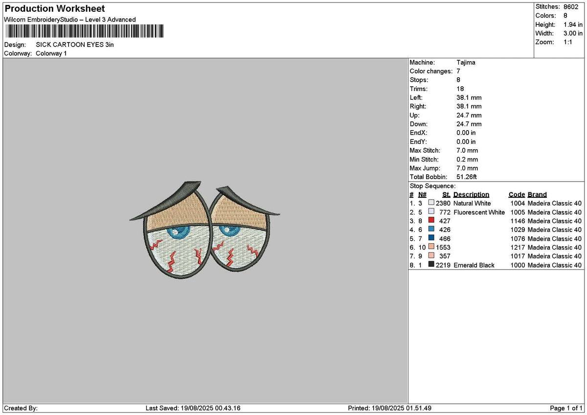 Sick Eyes Embroidery File 6 sizes