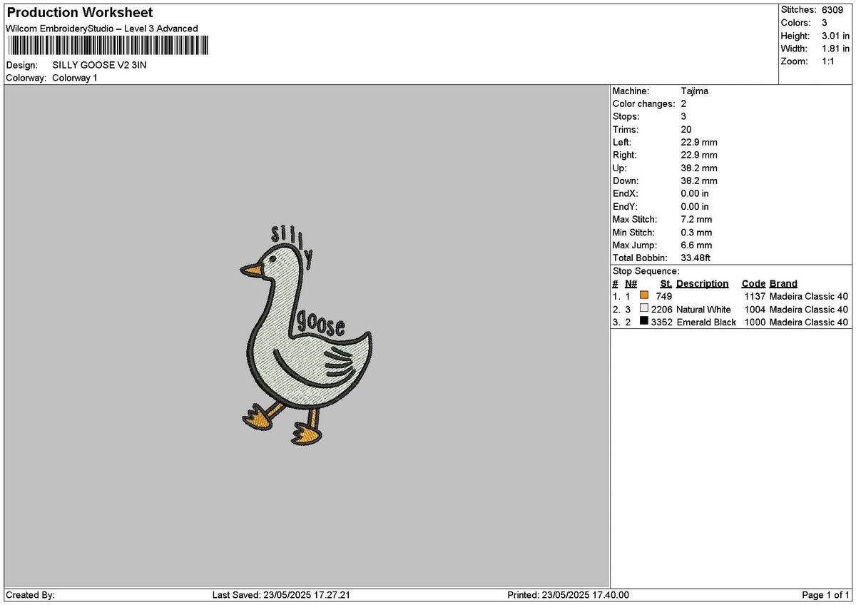 Duck 2305 Embroidery File 6 sizes