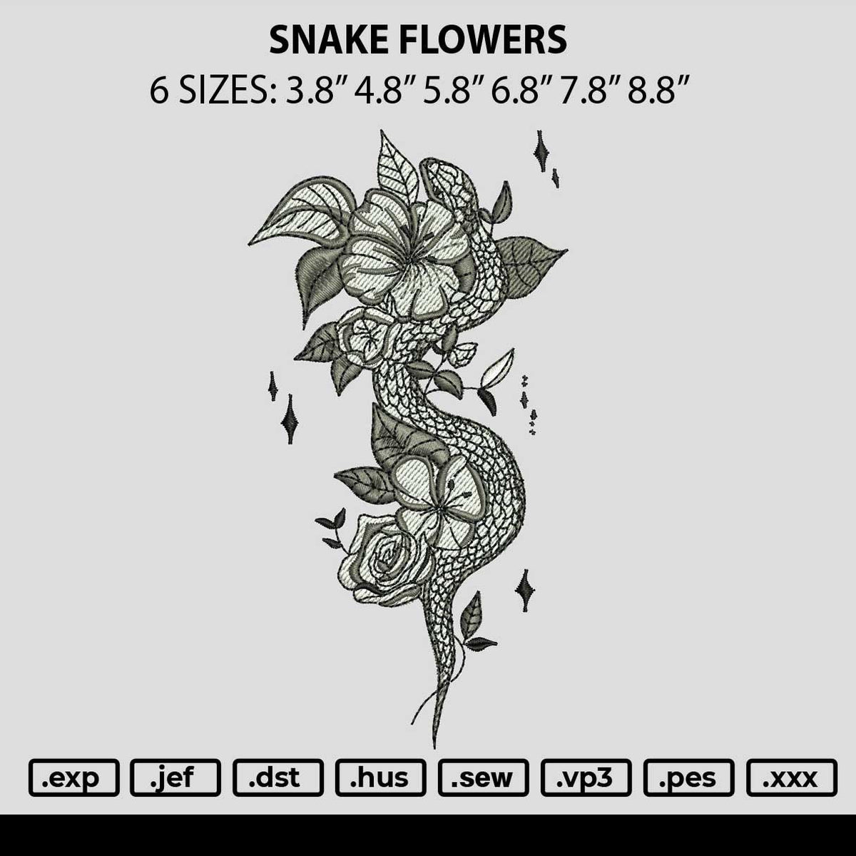 SNAKE ON FLOWERS Embroidery File 6 size