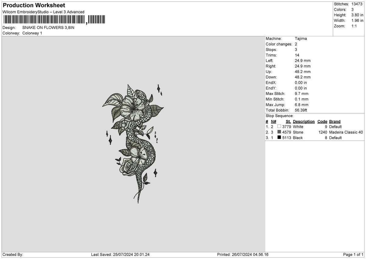 SNAKE ON FLOWERS Embroidery File 6 size