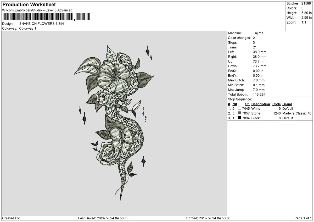 SNAKE ON FLOWERS Embroidery File 6 size