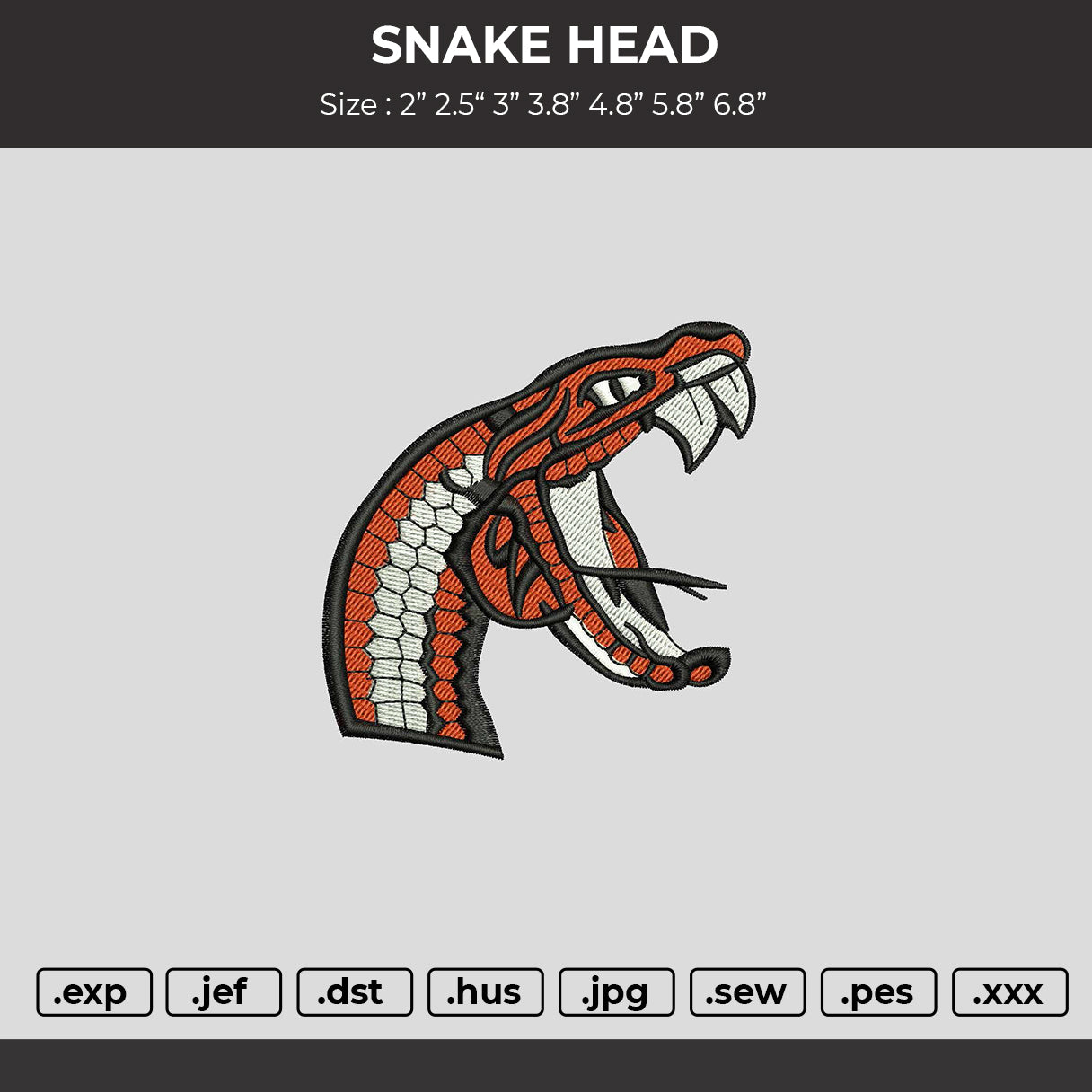 Snake head Embroidery File 6 sizes