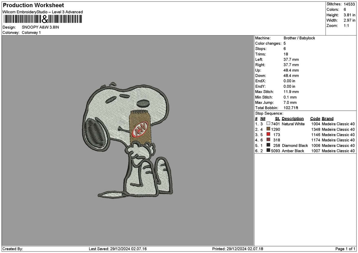 Snoopy Anw Embroidery File 6 sizes