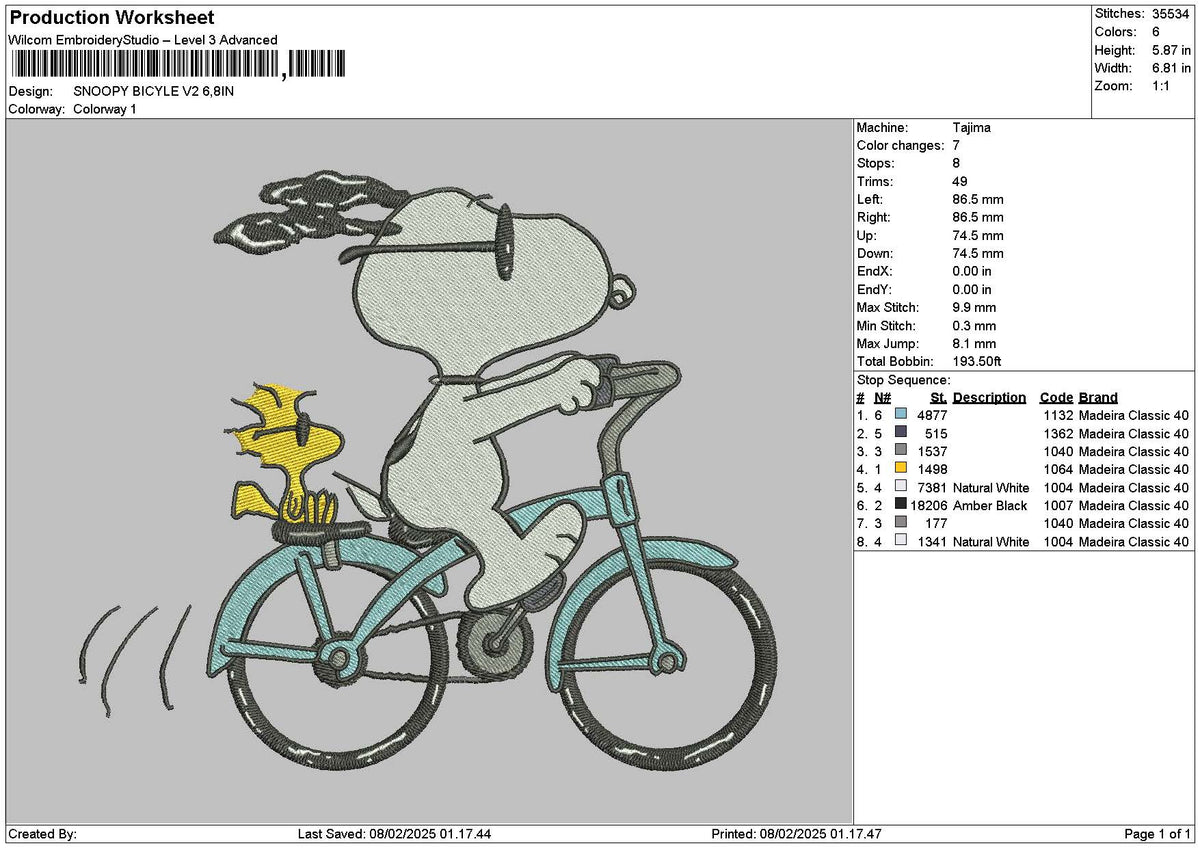 Snoopy Bicycle V2 Embroidery File 6 sizes