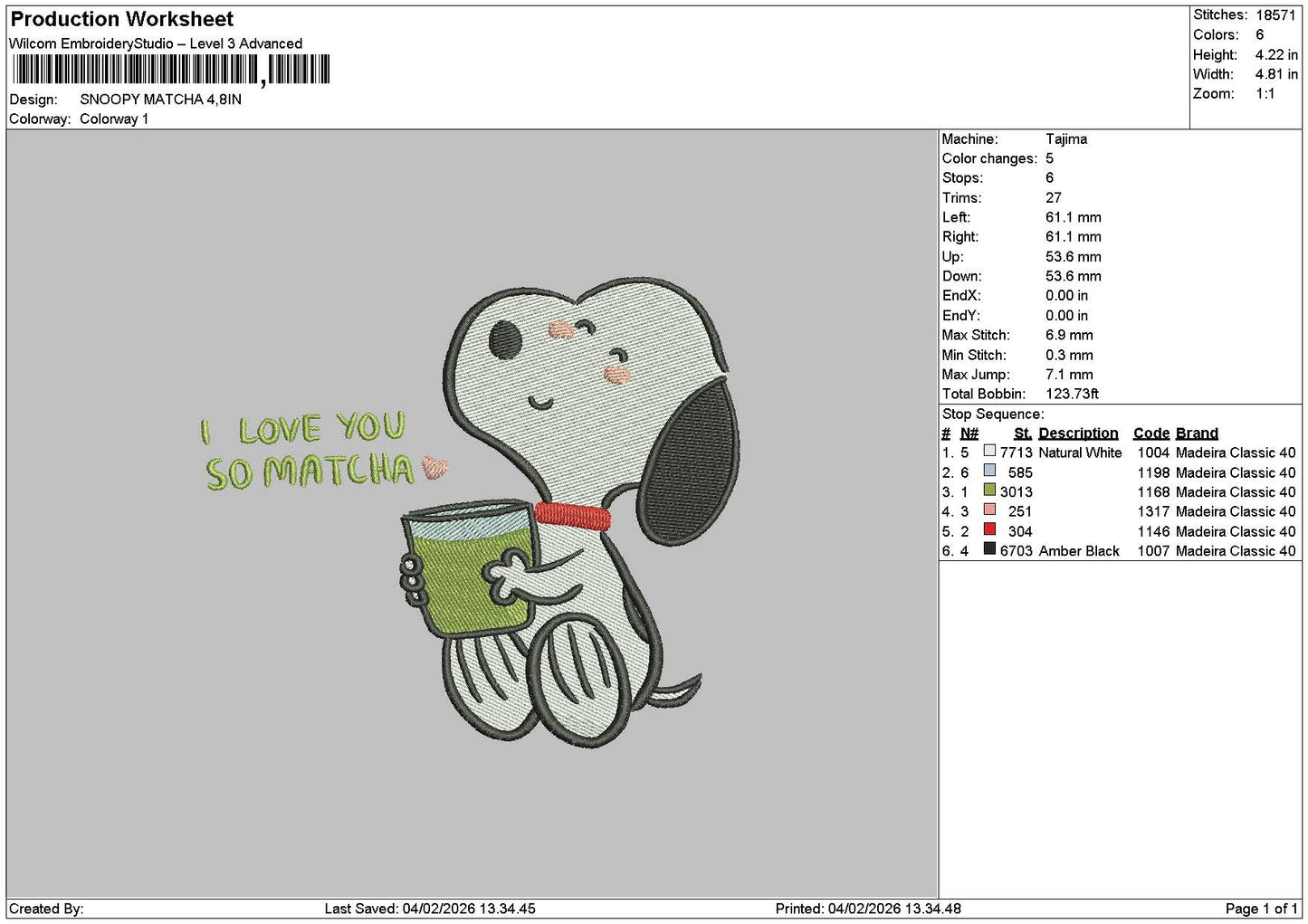 Snoopy 0402 Embroidery File 6 sizes