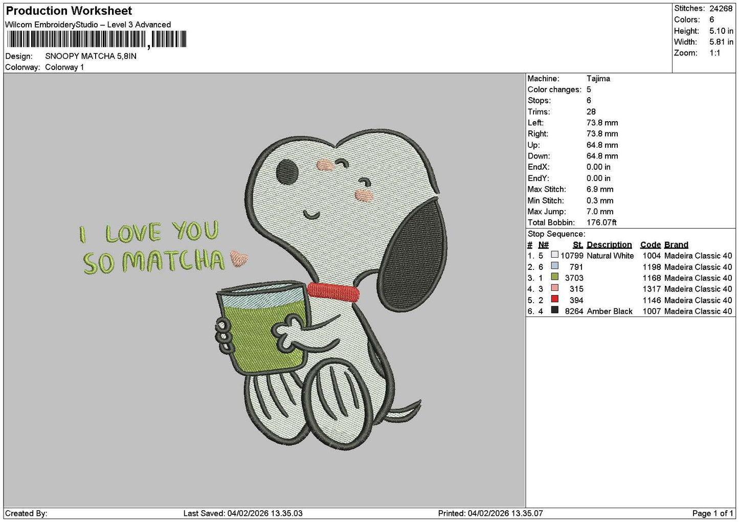 Snoopy 0402 Embroidery File 6 sizes