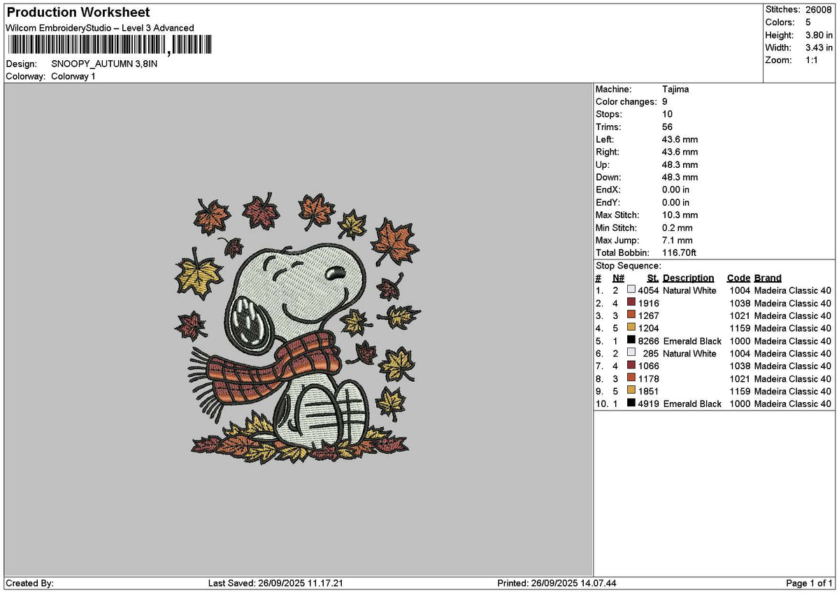Snoopy Autumn 2609 Embroidery File 6 sizes