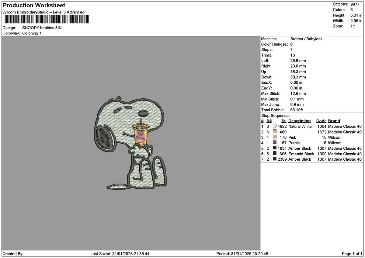 Snoopy Drink Embroidery File 6 sizes