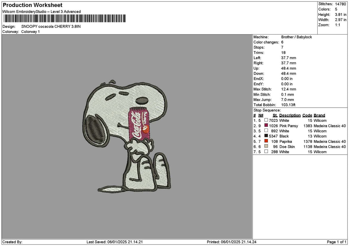 Snoopy Cola Cherry Embroidery File 6 sizes