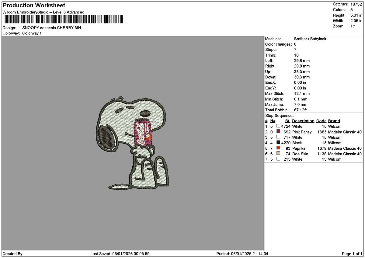 Snoopy Cola Cherry Embroidery File 6 sizes