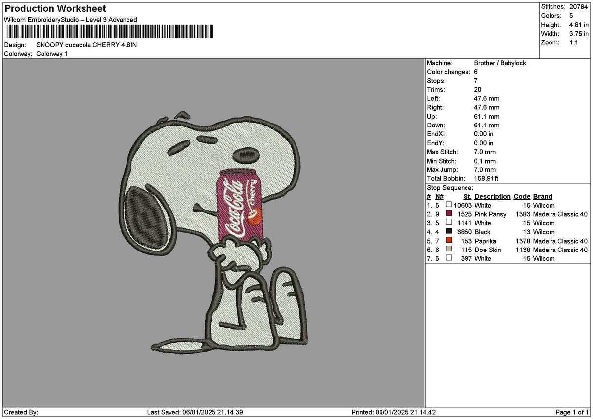 Snoopy Cola Cherry Embroidery File 6 sizes