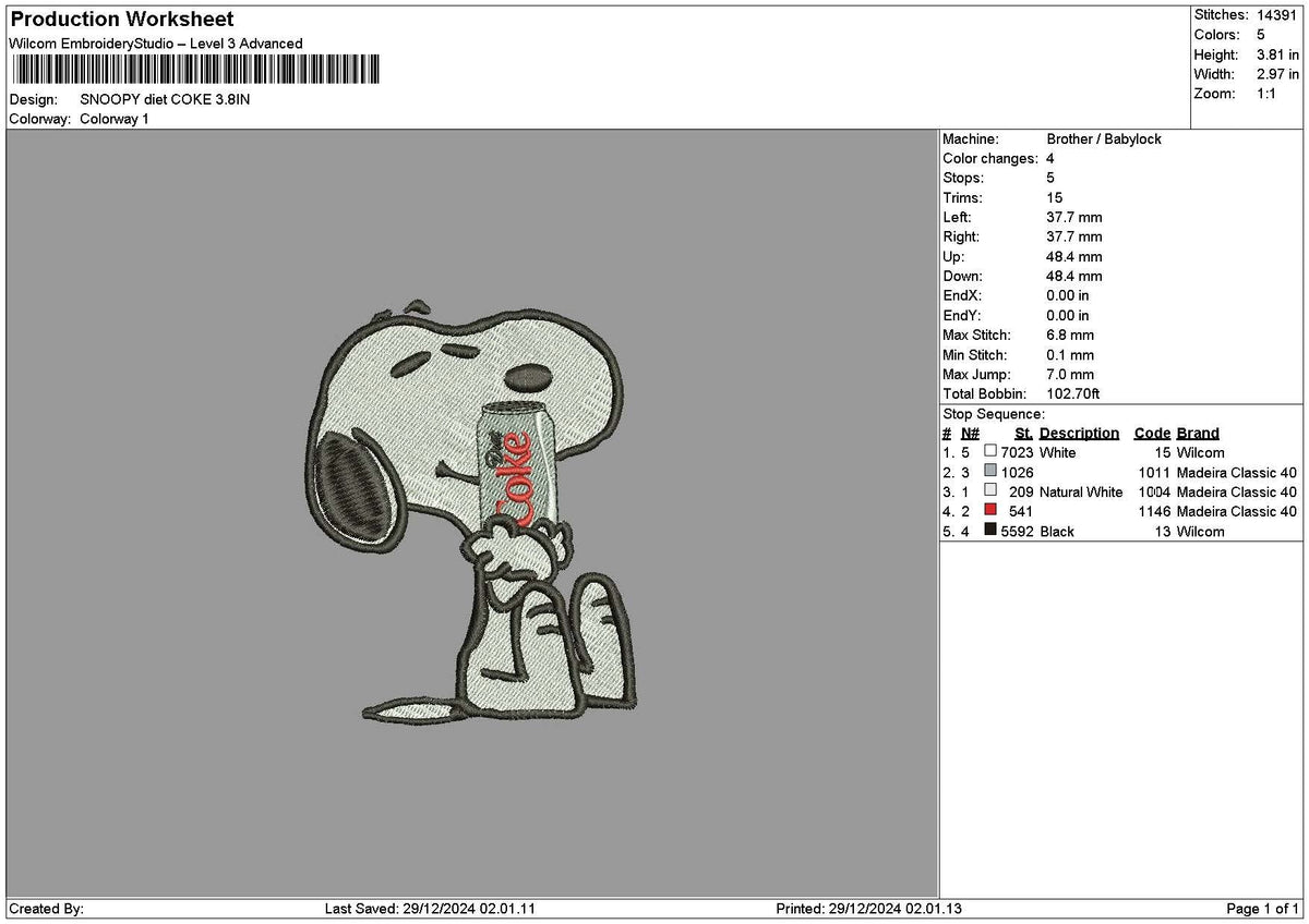 Snoopy Coke 03 Embroidery File 6 sizes