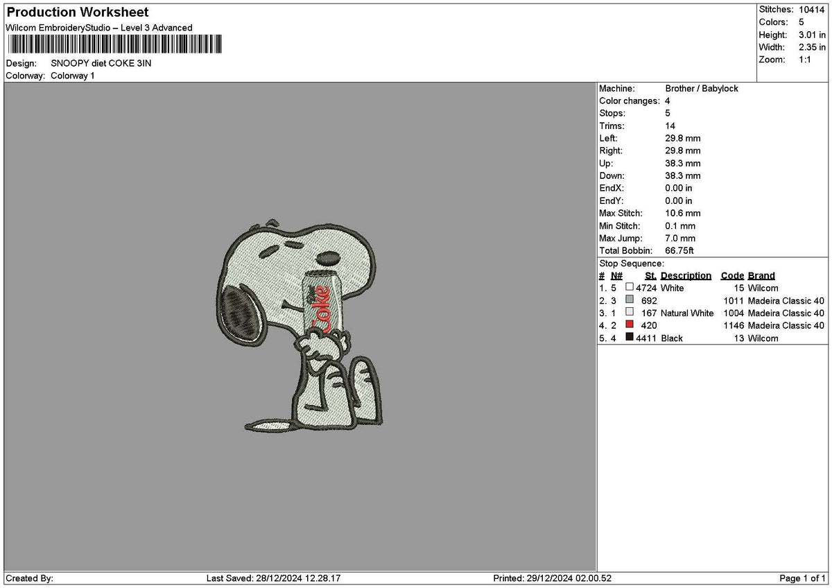 Snoopy Coke 03 Embroidery File 6 sizes