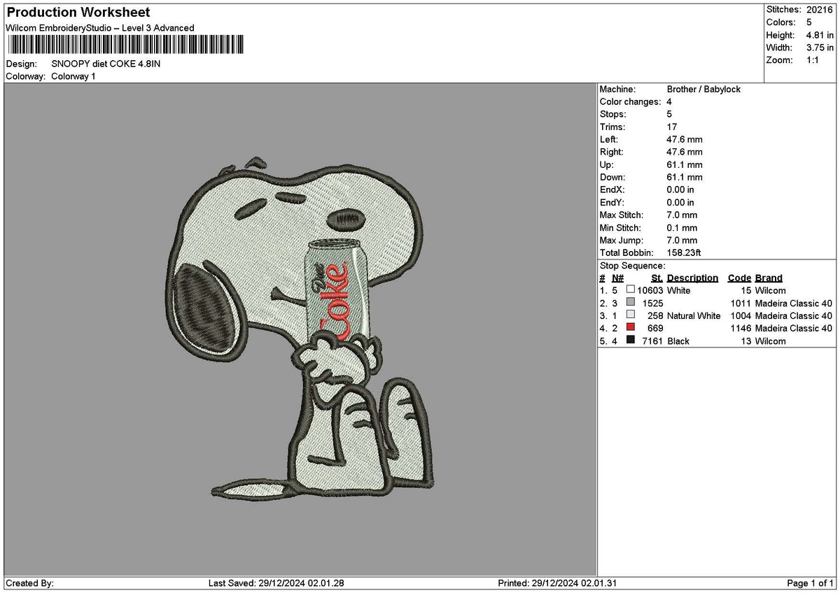 Snoopy Coke 03 Embroidery File 6 sizes