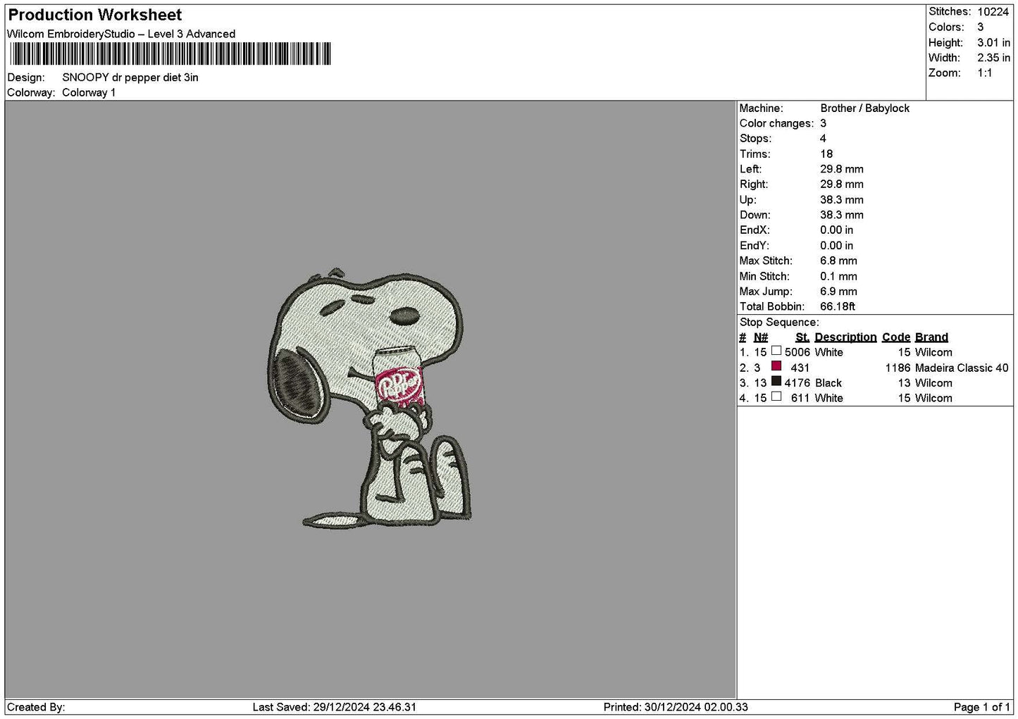 Snoopy Drpapper 03 Embroidery File 6 sizes