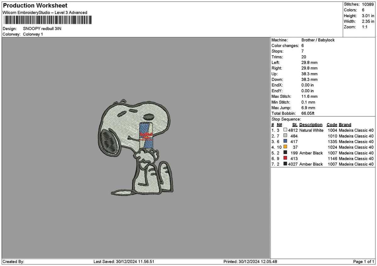Snoopy Redbull 03 Embroidery File 6 sizes