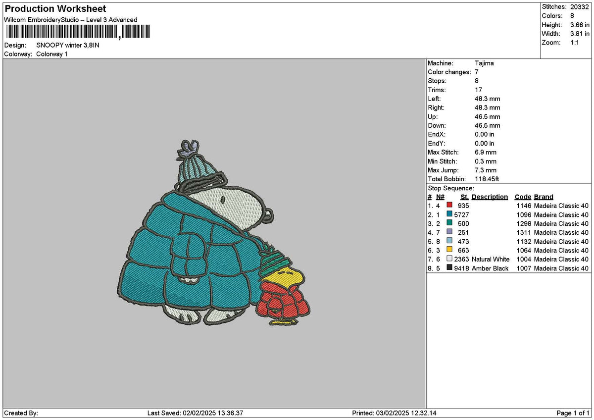 Snoopy Winter 0302 Embroidery File 6 sizes