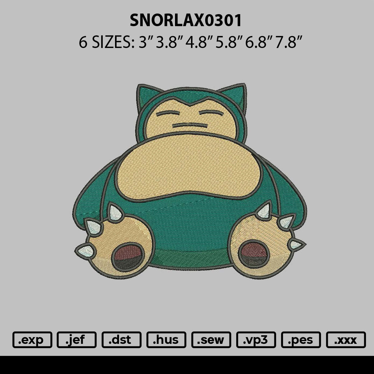 Snorlax0301 Embroidery File 6 sizes