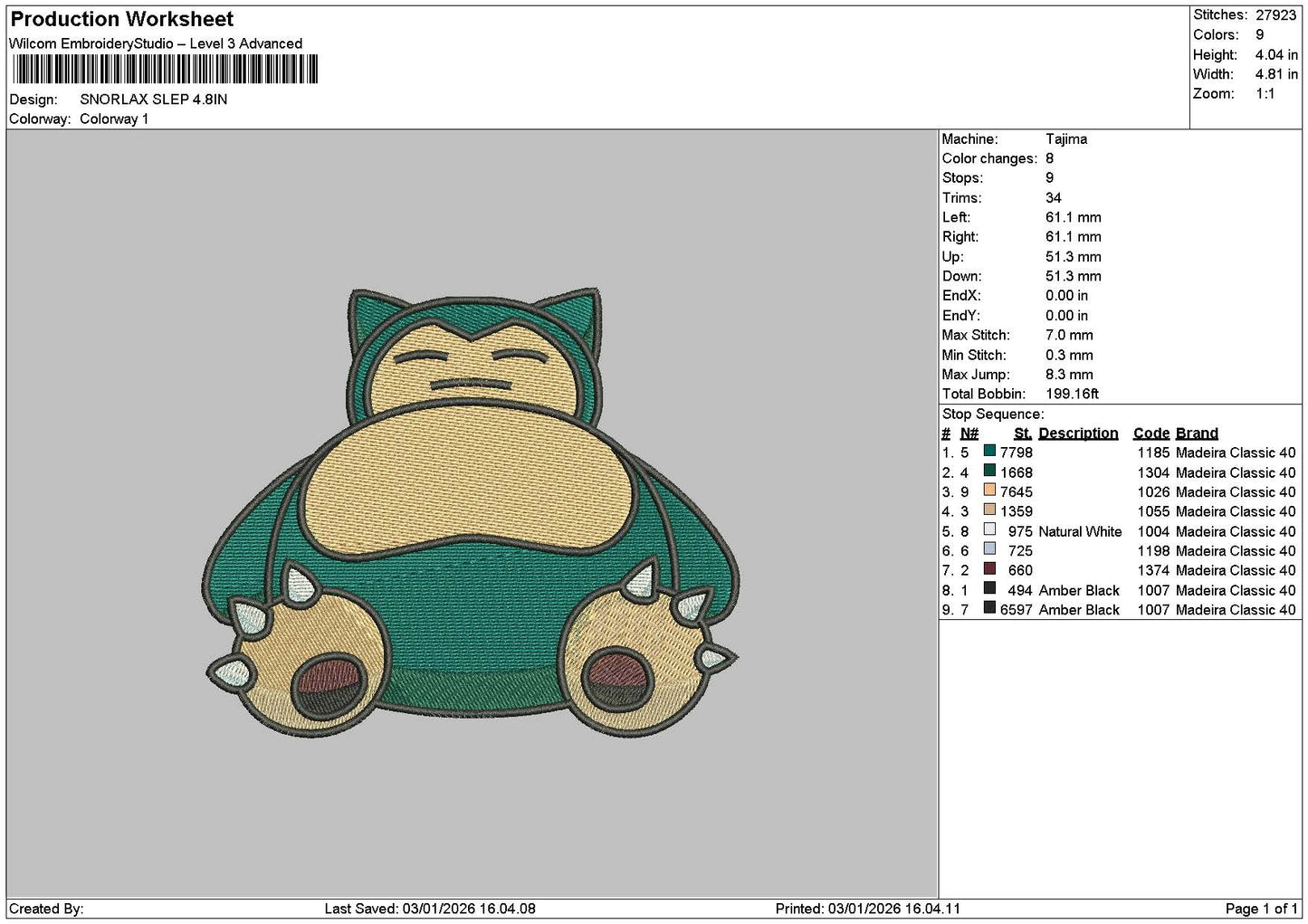 Snorlax0301 Embroidery File 6 sizes