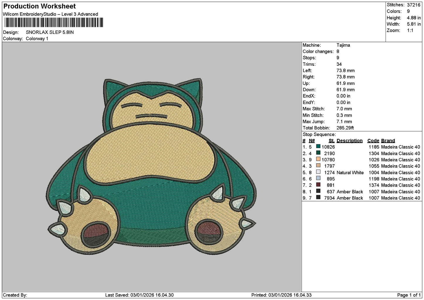 Snorlax0301 Embroidery File 6 sizes