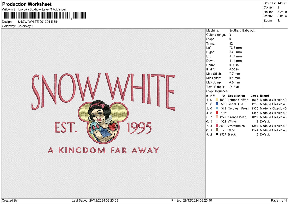 SNOW WHITE 291224 Embroidery File 6 size