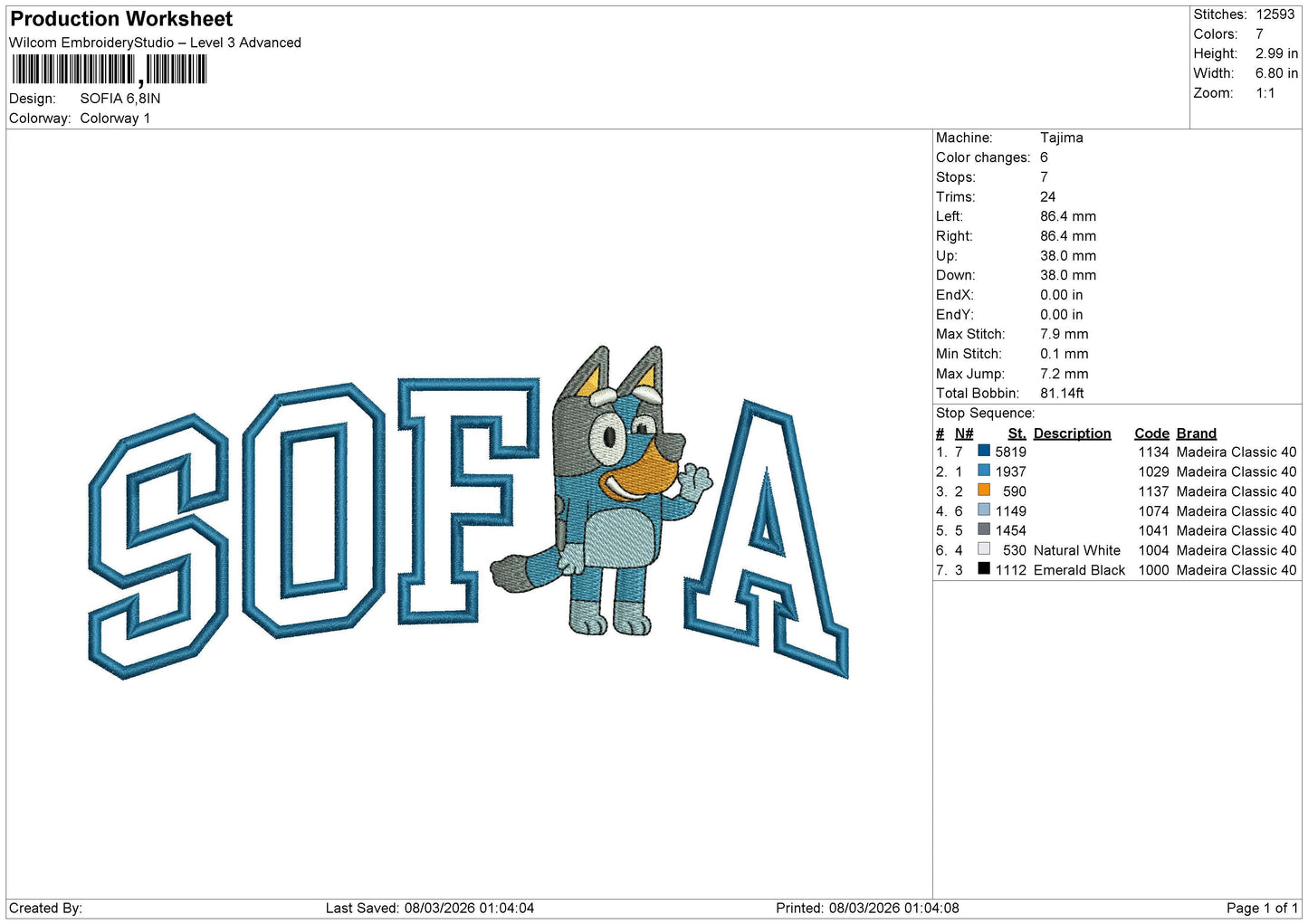 SOFIA Embroidery File 6 size