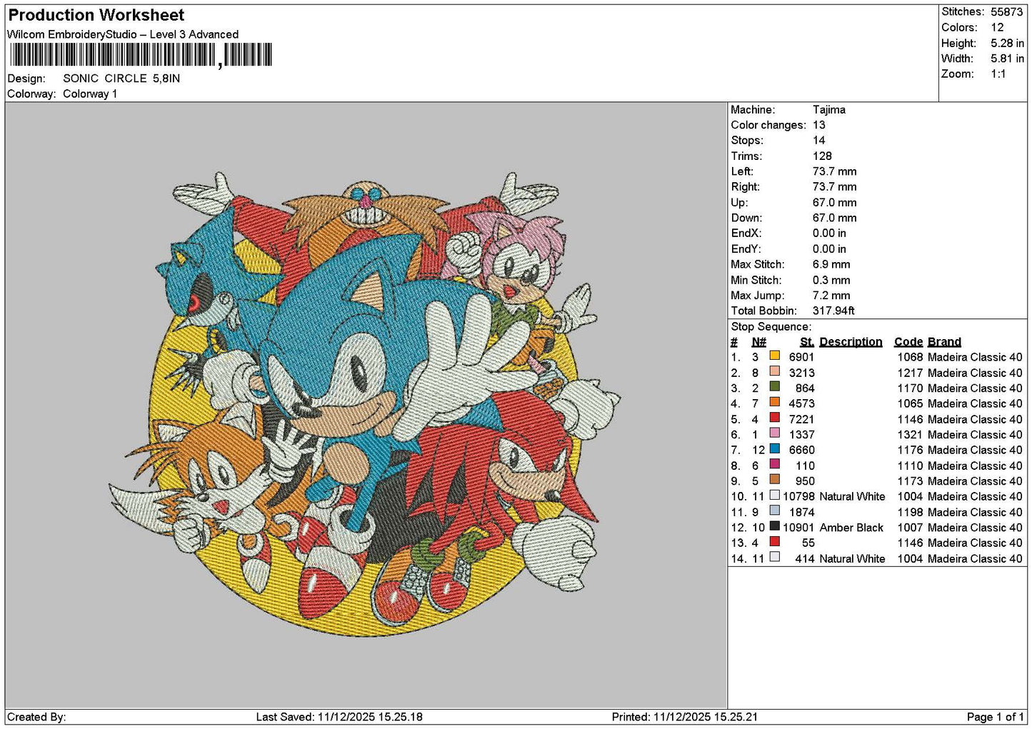 Sonic Cirlce Embroidery File 6 sizes