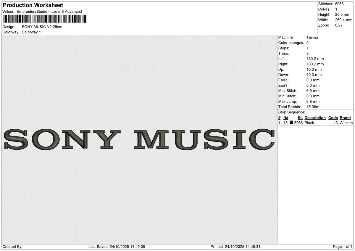 SONY MUSIC V2 Embroidery File 6 size