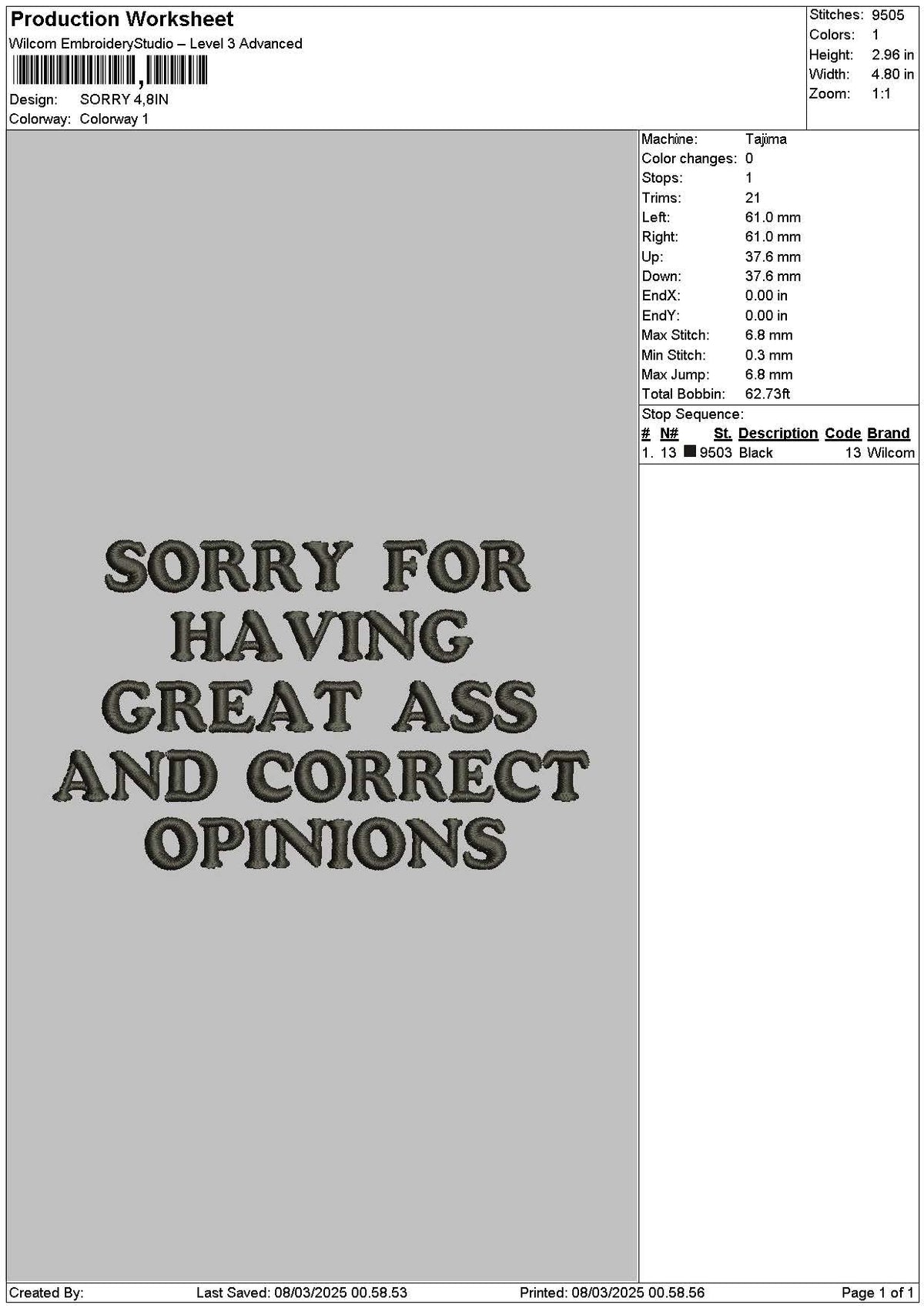 Sorrytext Embroidery File 6 sizes