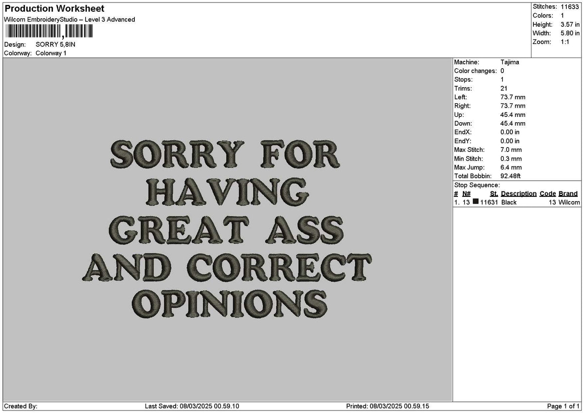 Sorrytext Embroidery File 6 sizes